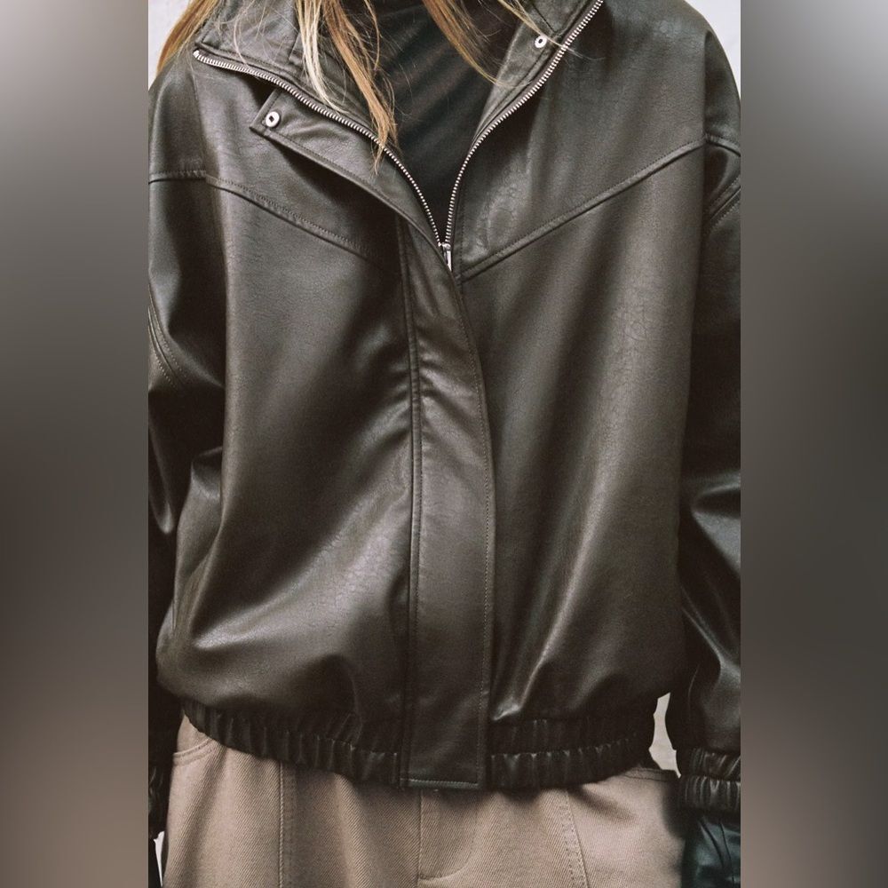 ZARA FAUX LEATHER HIGH COLLAR BOMBER JACKET - Picture 13 of 14